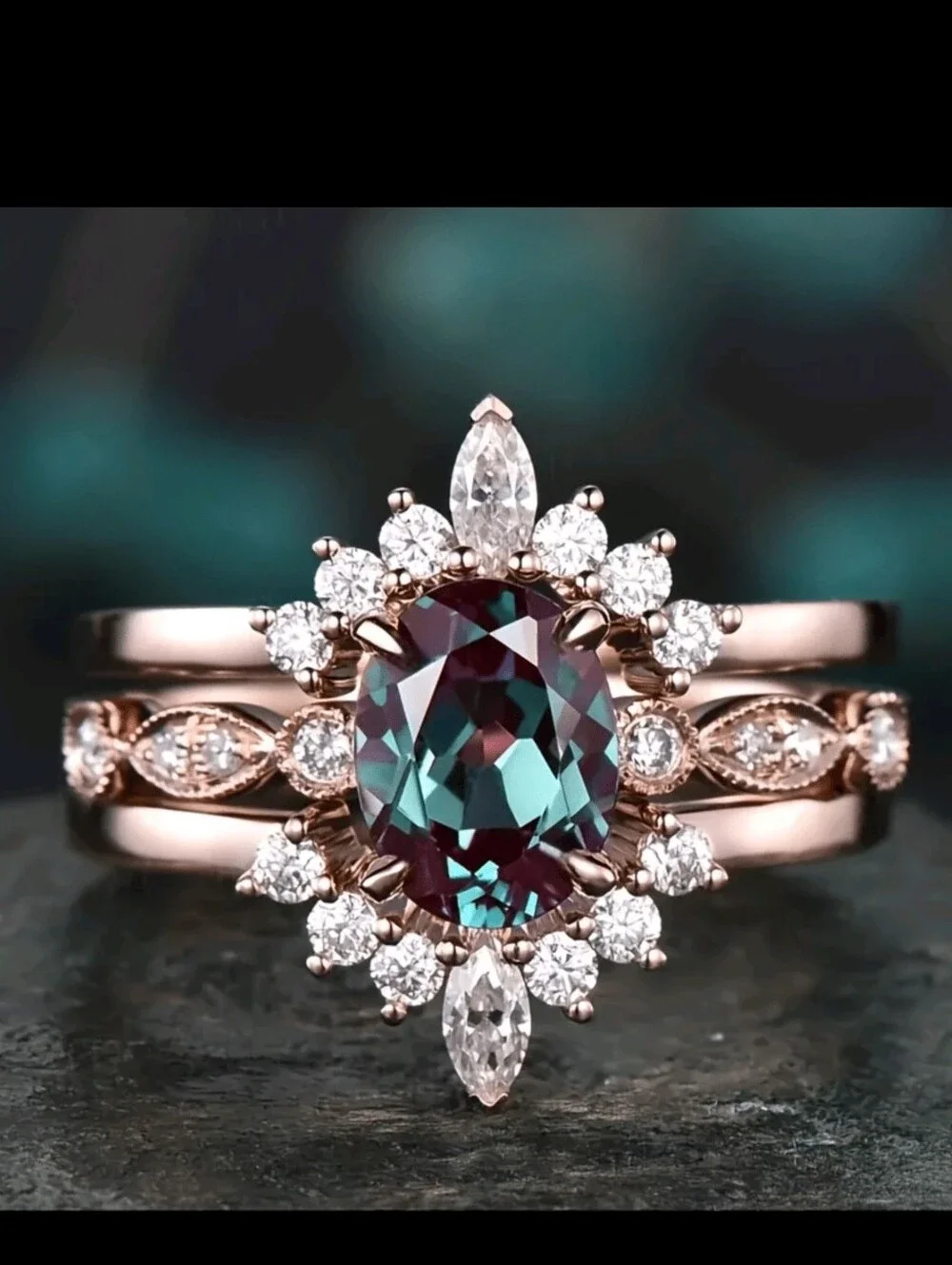 BRAND NEW ** Rose Gold Alexandrite Halo Engagement Ring Set